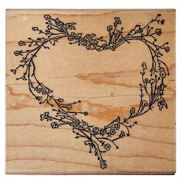 Twig Heart Wreath Shape Rubber Stamp With Floral Design - Picture 1 of 4